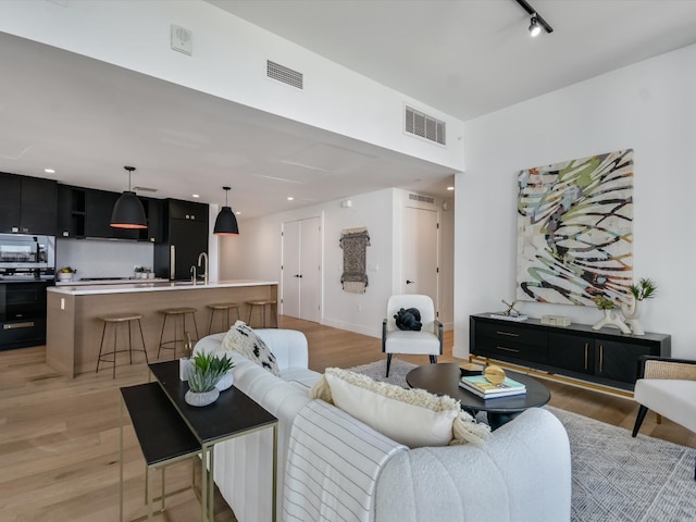 living room with sink and light wood-type flooring