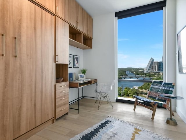 70 Rainey St Unit 1408, Austin, TX 78701 - office area featuring light wood finished floors, expansive windows, and a water view