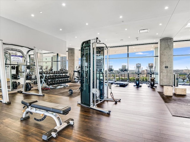 70 Rainey St Unit 1408, Austin, TX 78701 - gym featuring expansive windows and wood-type flooring