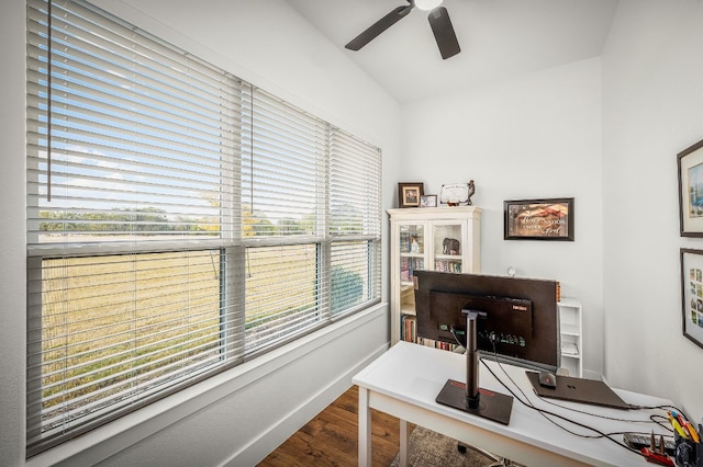 office space featuring ceiling fan, wood finished floors, and vaulted ceiling