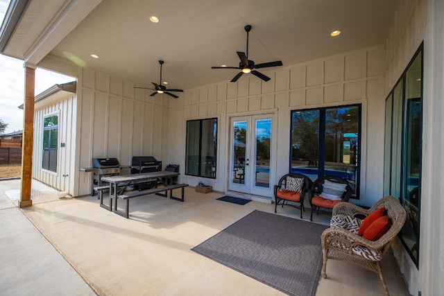 view of patio / terrace with french doors, area for grilling, and ceiling fan