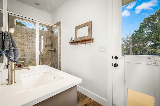 bathroom with vanity, walk in shower, and wood-type flooring