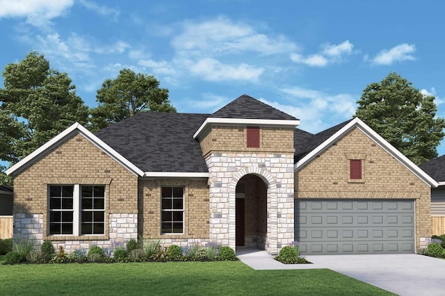 view of front of house with a front lawn and a garage