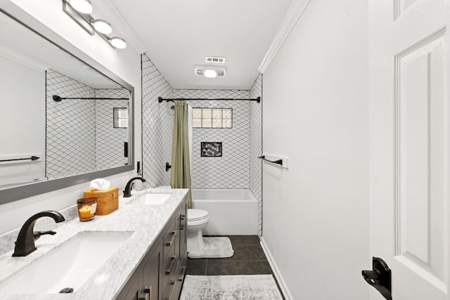 full bathroom with toilet, tile patterned flooring, crown molding, shower / tub combo with curtain, and vanity