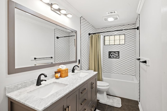 full bathroom with toilet, ornamental molding, vanity, shower / tub combo with curtain, and tile patterned floors