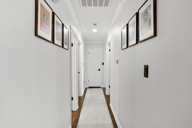 corridor with crown molding and hardwood / wood-style flooring