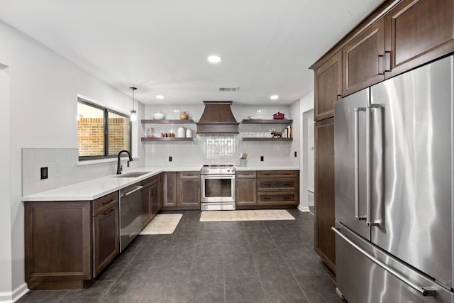 kitchen featuring tasteful backsplash, open shelves, a sink, premium range hood, and stainless steel appliances