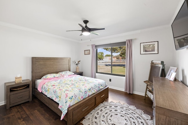 bedroom with ornamental molding, dark hardwood / wood-style floors, and ceiling fan