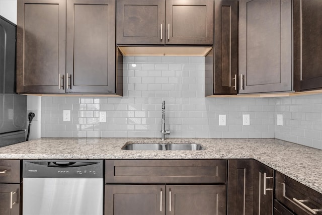 kitchen with decorative backsplash, dishwasher, sink, and light stone counters