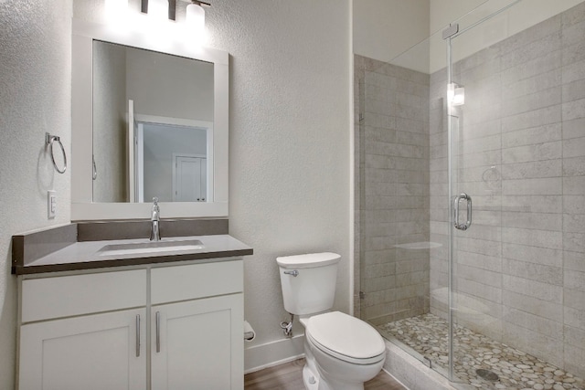 bathroom featuring a shower with door, vanity, and toilet