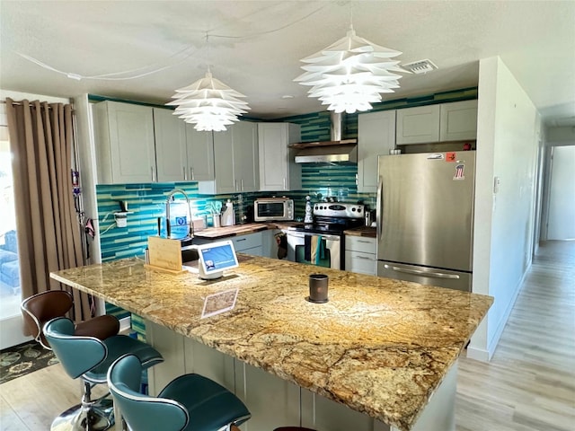 kitchen with backsplash, pendant lighting, light wood-type flooring, gray cabinets, and appliances with stainless steel finishes