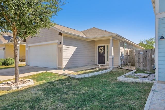 single story home with a front lawn and a garage