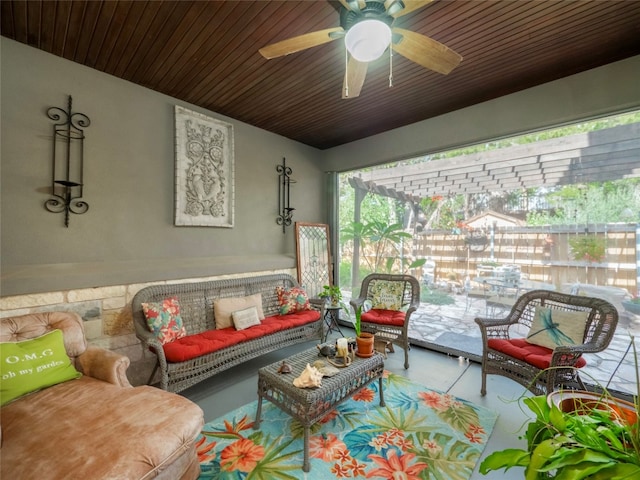 sunroom featuring ceiling fan and wood ceiling