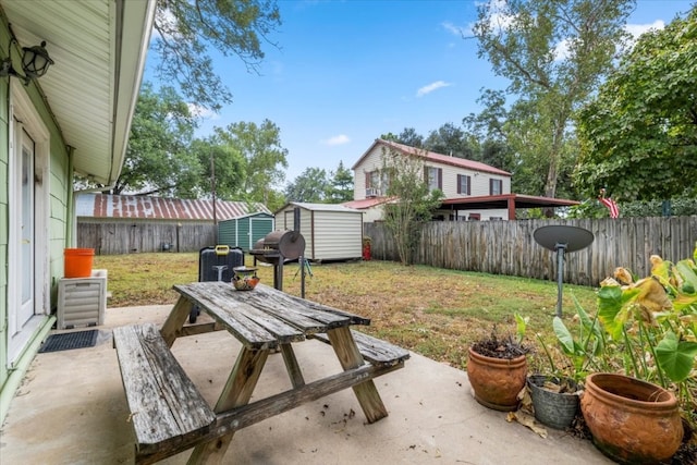 view of yard with a shed and a patio area