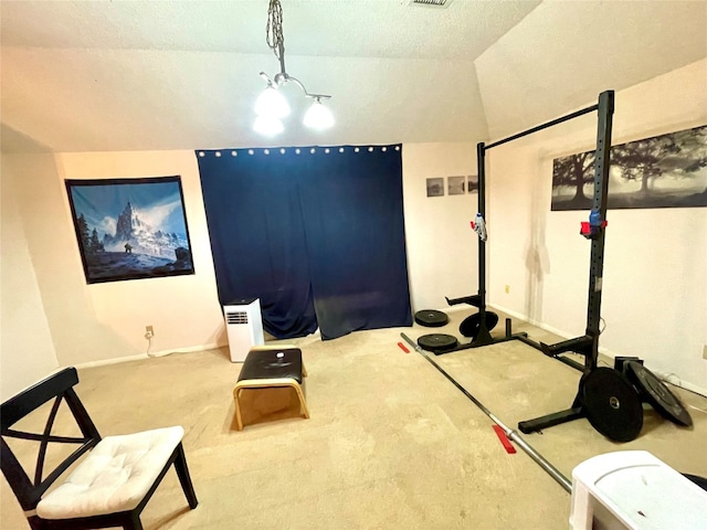 exercise area with lofted ceiling, a textured ceiling, and carpet flooring