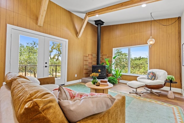 living room with a healthy amount of sunlight and wood walls