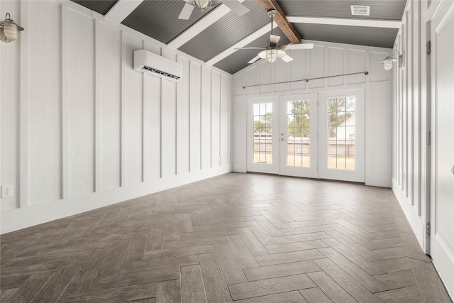 unfurnished room with ceiling fan, lofted ceiling with beams, dark parquet flooring, and a wall unit AC