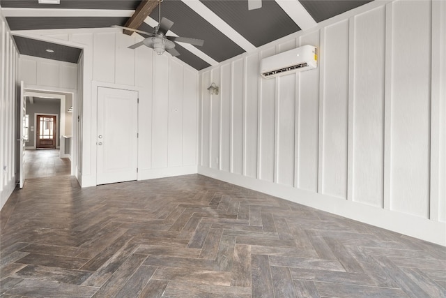 unfurnished room featuring vaulted ceiling with beams, dark parquet flooring, an AC wall unit, and ceiling fan