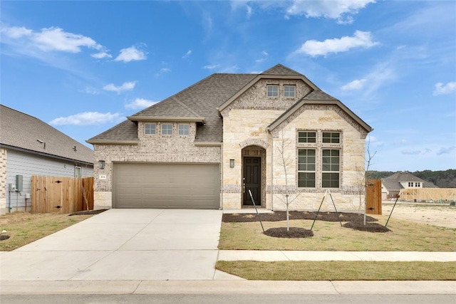 french country style house featuring a garage, concrete driveway, roof with shingles, fence, and brick siding