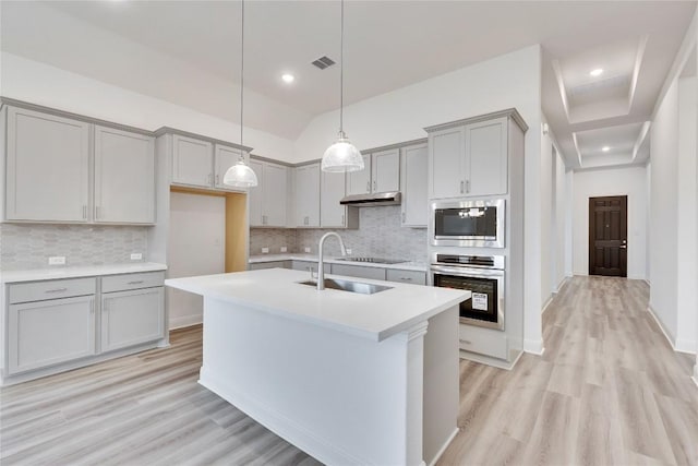 kitchen with under cabinet range hood, stainless steel appliances, a sink, and gray cabinetry