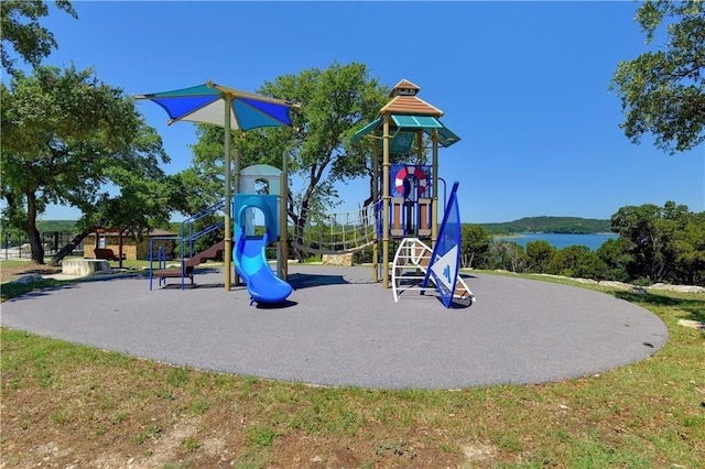 view of play area featuring a water view