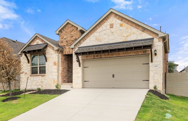 view of front of property with a garage, fence, driveway, and stone siding