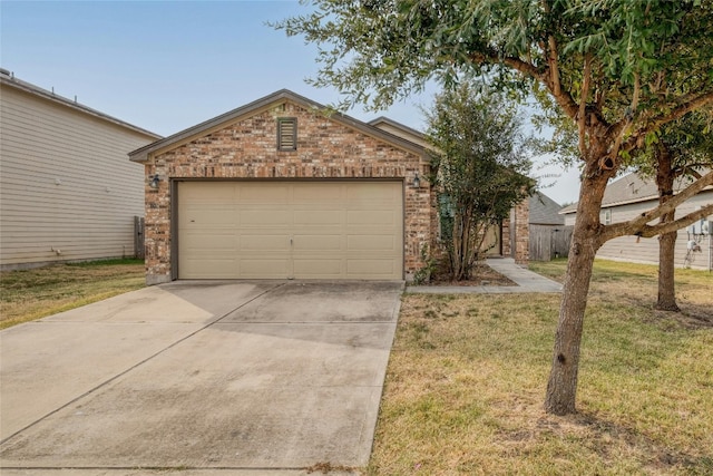 ranch-style home with a front lawn and a garage