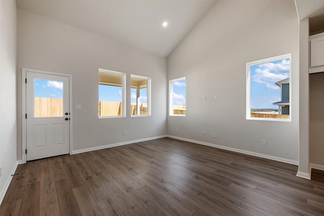 foyer featuring dark hardwood / wood-style floors and high vaulted ceiling