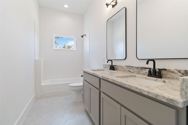 full bathroom featuring vanity, toilet, shower / bath combination, and tile patterned floors