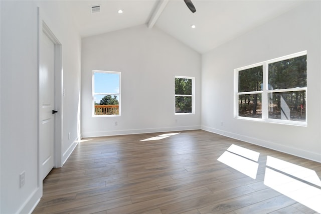 interior space featuring beamed ceiling, dark wood-type flooring, high vaulted ceiling, and ceiling fan