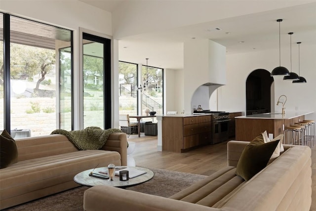 living room with sink, a notable chandelier, and light wood-type flooring