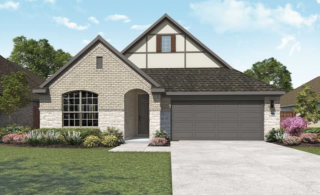 english style home featuring concrete driveway, roof with shingles, an attached garage, a front yard, and brick siding