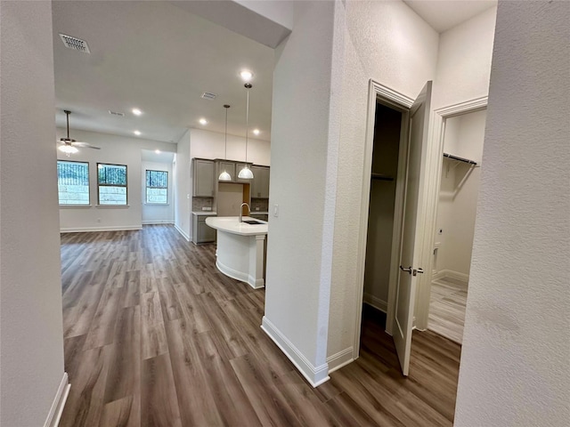 hallway with dark hardwood / wood-style floors and sink