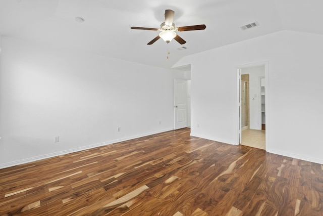 unfurnished room with ceiling fan, lofted ceiling, and dark hardwood / wood-style floors