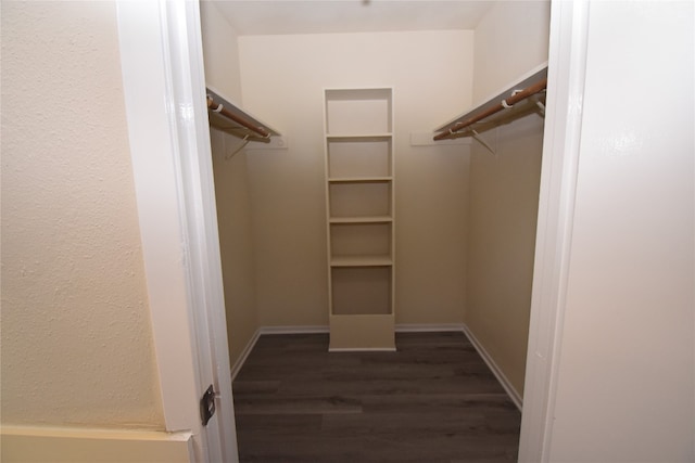 walk in closet with dark hardwood / wood-style floors