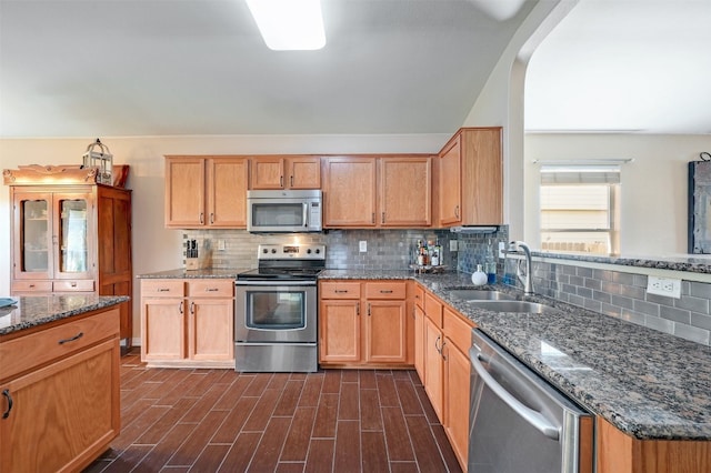 kitchen featuring appliances with stainless steel finishes, dark hardwood / wood-style floors, sink, and backsplash