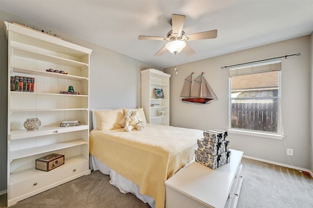 bedroom featuring ceiling fan and carpet flooring