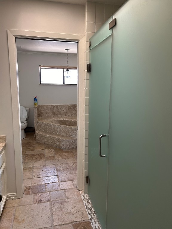 bathroom featuring vanity, a shower with shower door, and toilet