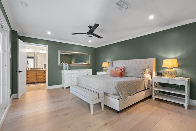 bedroom with light hardwood / wood-style floors, ornamental molding, and ceiling fan