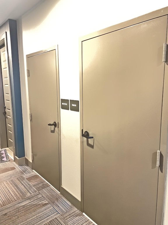 interior space with a closet and dark colored carpet