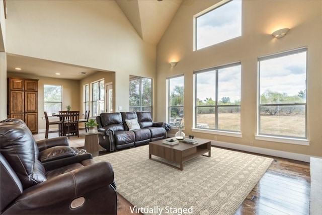 living room with high vaulted ceiling and hardwood / wood-style flooring