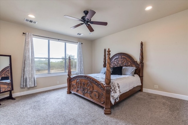 bedroom with ceiling fan and carpet floors