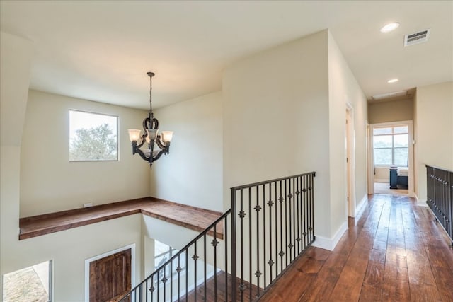 corridor with a chandelier, plenty of natural light, and wood-type flooring