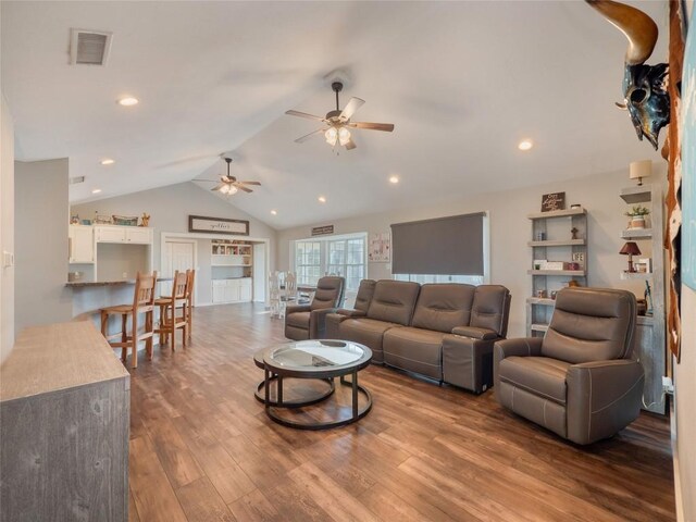 406 Blume Ln, Ledbetter, TX 78946 - living area with ceiling fan, wood finished floors, lofted ceiling, and recessed lighting
