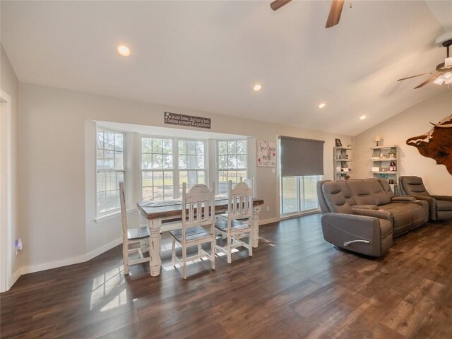 406 Blume Ln, Ledbetter, TX 78946 - living room with a ceiling fan, dark wood-type flooring, vaulted ceiling, baseboards, and recessed lighting