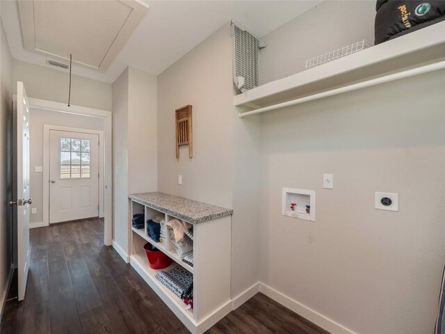 406 Blume Ln, Ledbetter, TX 78946 - laundry room featuring attic access, hookup for an electric dryer, dark wood-type flooring, washer hookup, and baseboards