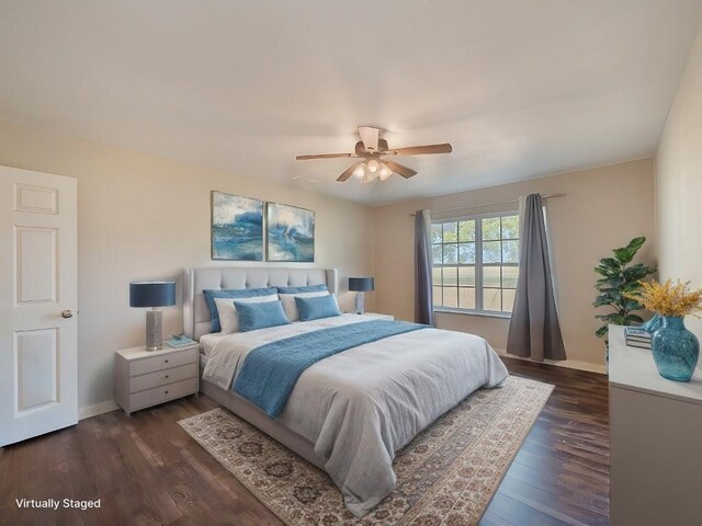 406 Blume Ln, Ledbetter, TX 78946 - bedroom with dark wood finished floors, baseboards, and a ceiling fan