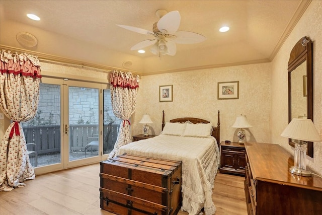 bedroom featuring ceiling fan, light wood-type flooring, ornamental molding, and access to outside