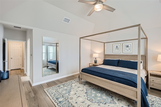 bedroom featuring ceiling fan and light hardwood / wood-style flooring