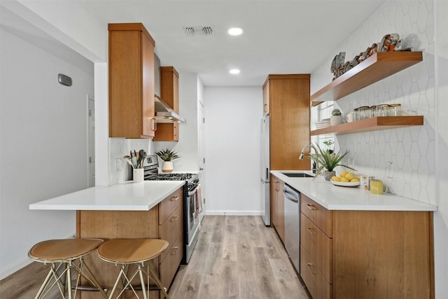 kitchen with sink, light hardwood / wood-style flooring, backsplash, extractor fan, and appliances with stainless steel finishes